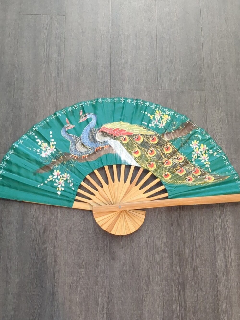 Vintage Decorative Peacock Wall Fan Handpainted Asian Floral Large 30" - Picture 3 of 16
